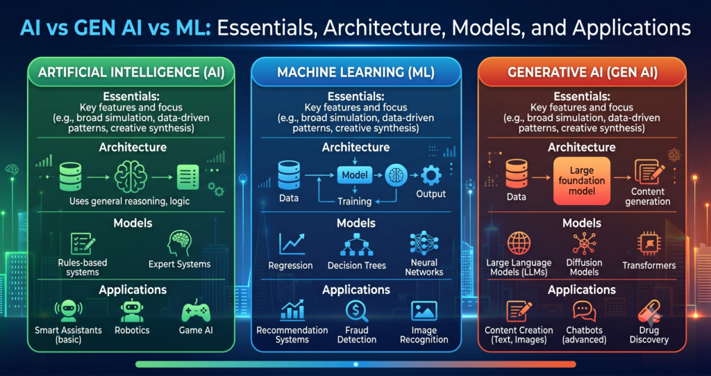 AI vs Gen AI vs ML Essentials, Architecture, Models, and Applications